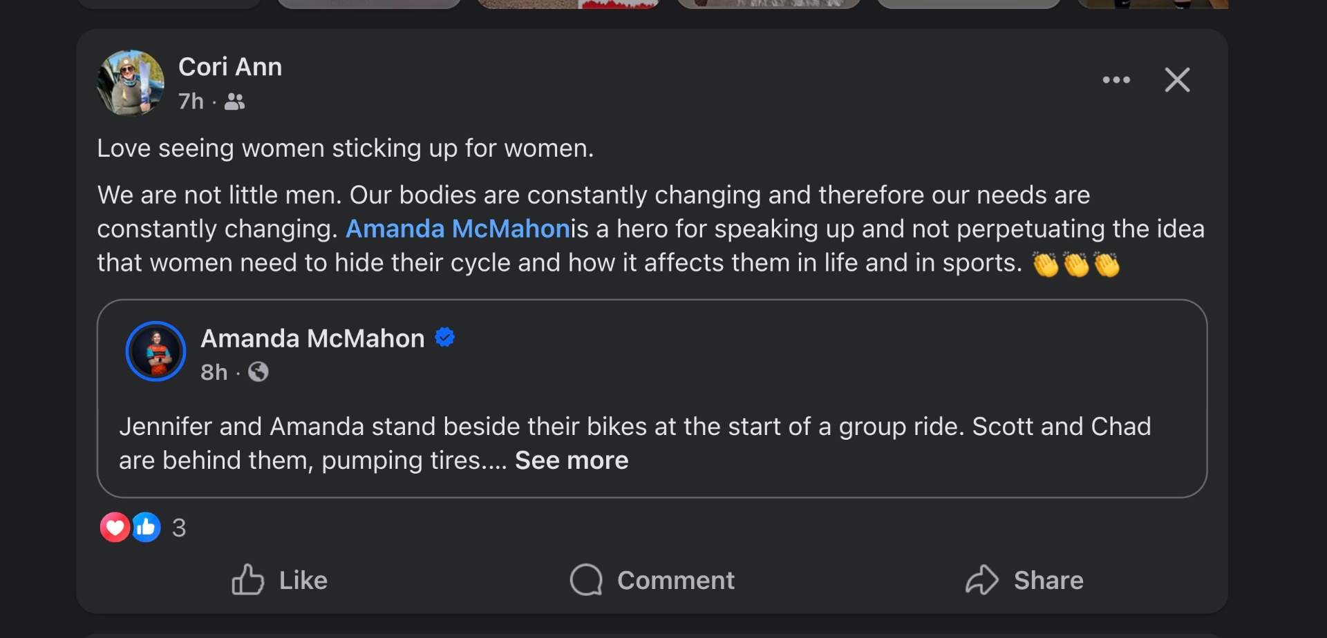 Screenshot of Cori Ann's comment: Love seeing women sticking up for women. We are not little men. Our bodies are constantly changing and therefore our needs are constantly changing. Amanda McMahon is a hero for speaking up and not perpetuating the idea that women need to hide their cycle and how it affects them in life and in sports.